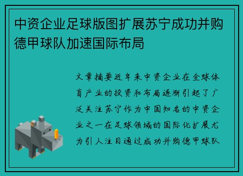 中资企业足球版图扩展苏宁成功并购德甲球队加速国际布局