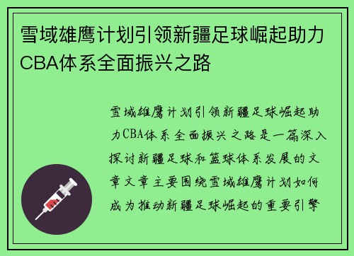 雪域雄鹰计划引领新疆足球崛起助力CBA体系全面振兴之路