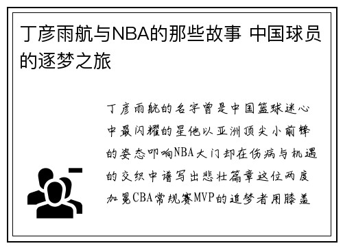 丁彦雨航与NBA的那些故事 中国球员的逐梦之旅